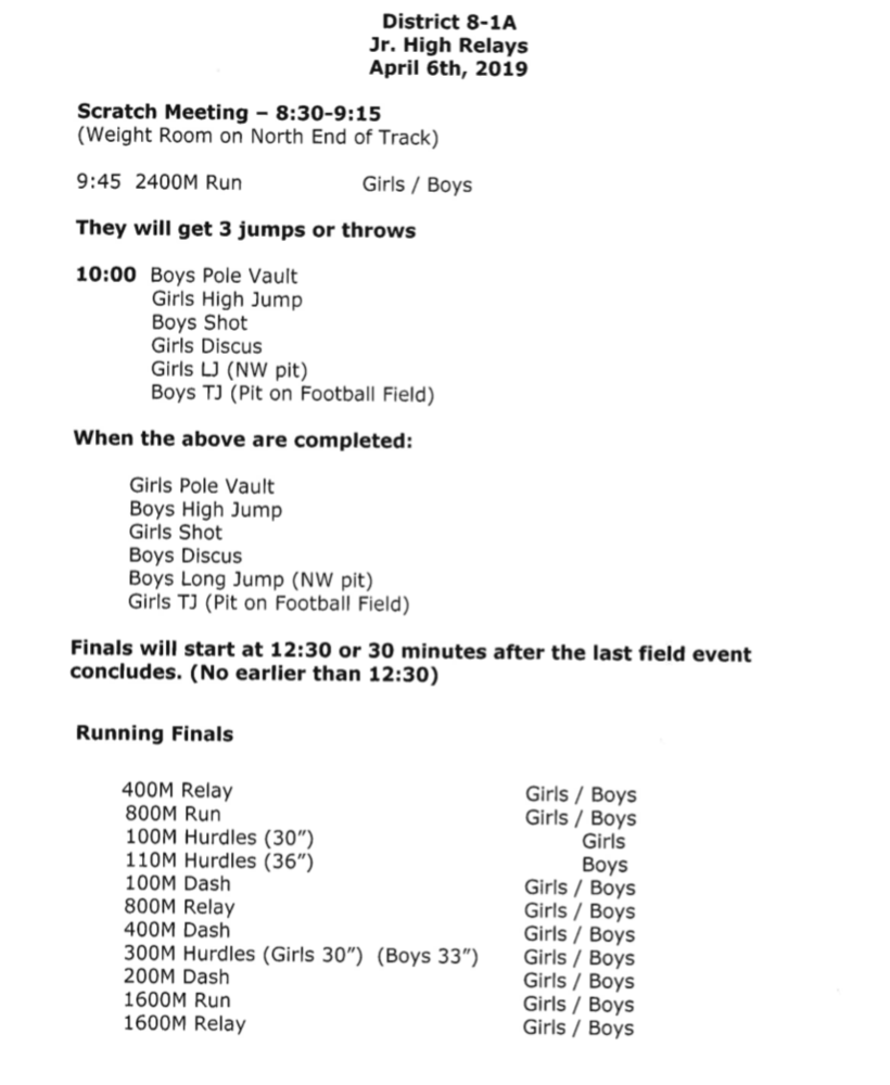 JH District Track Meet Schedule (April 6)