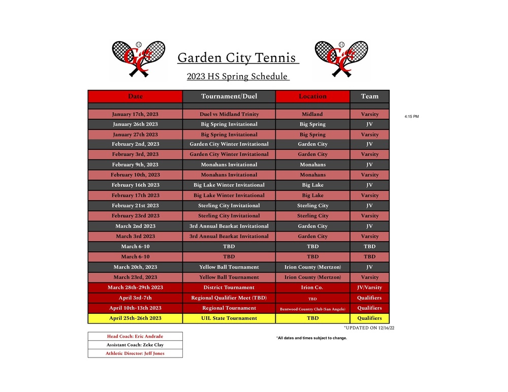 2023 Spring Tennis Schedule 