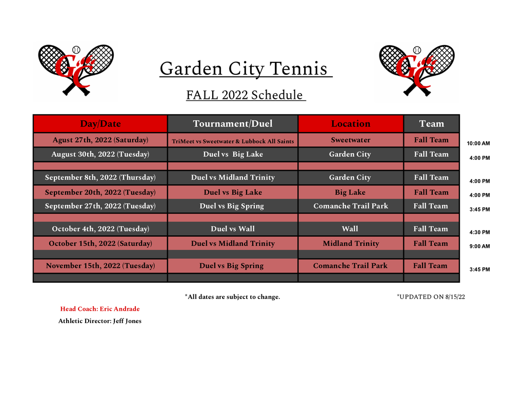 Garden City Fall Tennis Schedule 2022